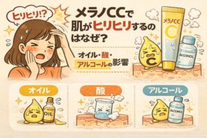 メラノCCを使ったときに肌がピリピリする理由を解説するイラスト。頬を押さえて刺激を感じる女性、メラノCCのチューブとアルコールボトル、汗をかいたビタミンCの擬人化キャラクターが描かれ、オイル・酸・アルコールの3要素が刺激に関係することを示している。