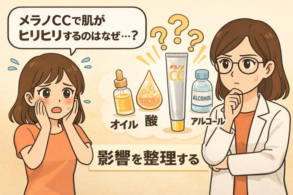 メラノCCで肌がヒリヒリする原因を解説した図解イラスト。オイル・酸・アルコールの成分が並び、刺激によって赤みが出ている女性と、それを分析する白衣の女性キャラクターが描かれている。「なぜヒリヒリするのか？」という疑問とともに影響要因が整理されている。