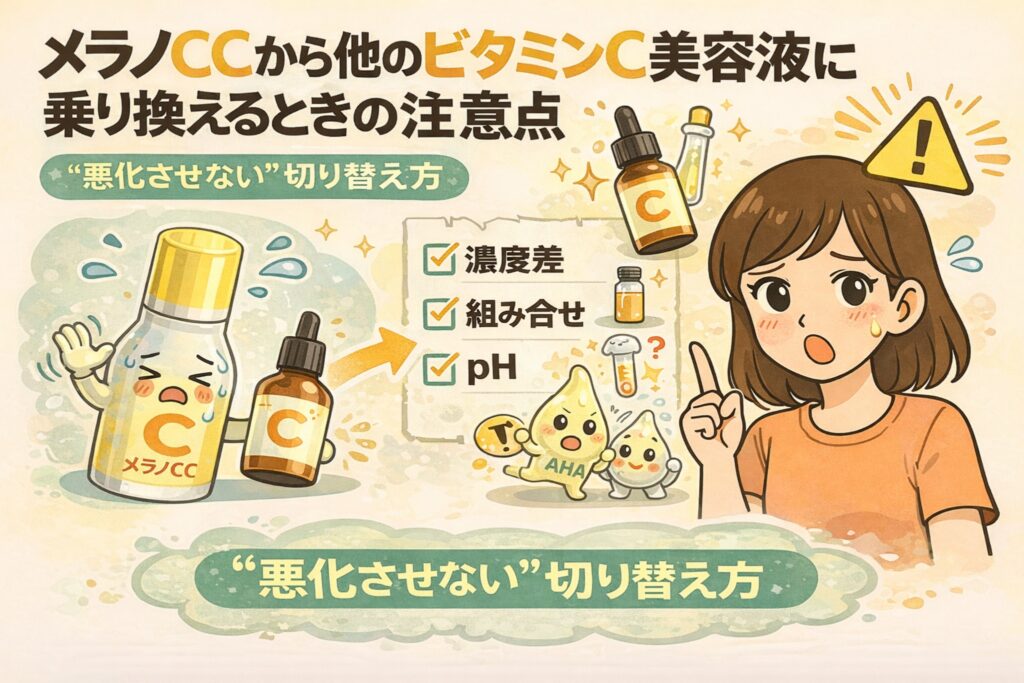 メラノCCから他のビタミンC美容液へ乗り換える際の注意点を解説した図解イラスト。濃度差・成分の組み合わせ・pHの違いといったポイントをチェックリストで示し、AHAなど他成分との併用による刺激リスクにも注意を促している。悩む女性とビタミンC美容液の擬人化キャラクターを通して、“悪化させない切り替え方”を分かりやすく表現している。
