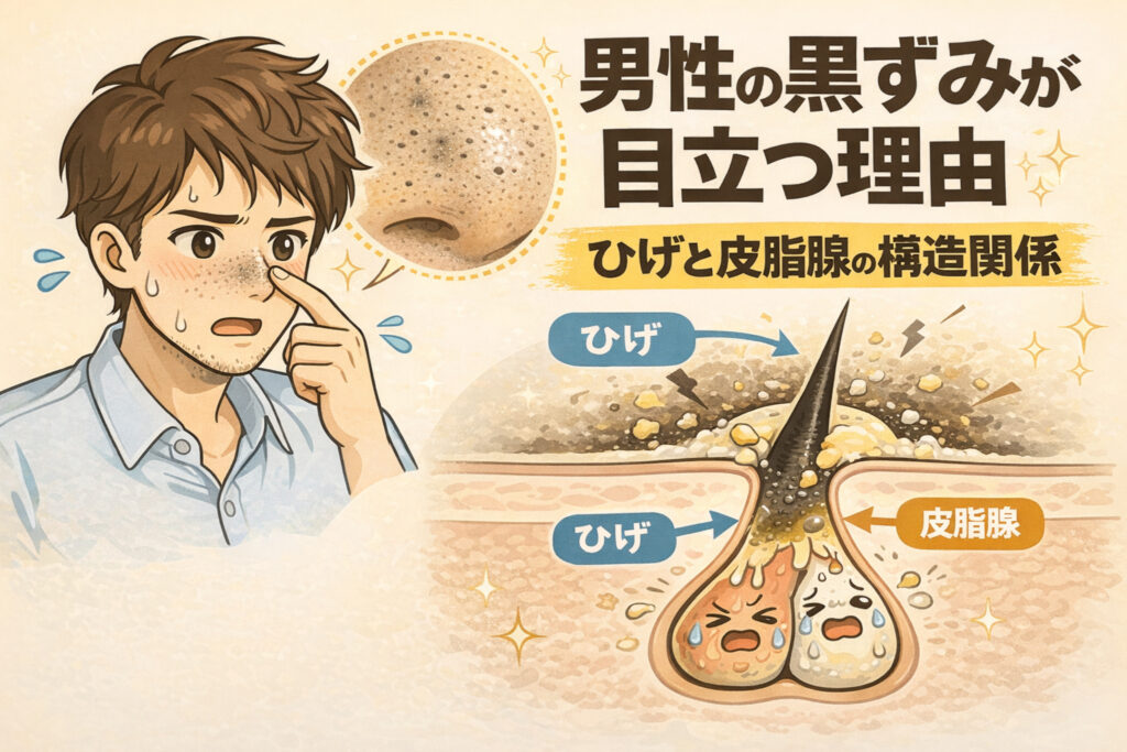 男性の黒ずみが目立ちやすい理由を、ひげと皮脂腺の構造関係から解説した図解イラスト。ひげの太さと皮脂分泌量の多さにより、毛穴内に皮脂や角質がたまりやすく、黒ずみが強調される仕組みを示している。