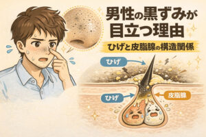 男性の黒ずみが目立ちやすい理由を、ひげと皮脂腺の構造関係から解説した図解イラスト。ひげの太さと皮脂分泌量の多さにより、毛穴内に皮脂や角質がたまりやすく、黒ずみが強調される仕組みを示している。