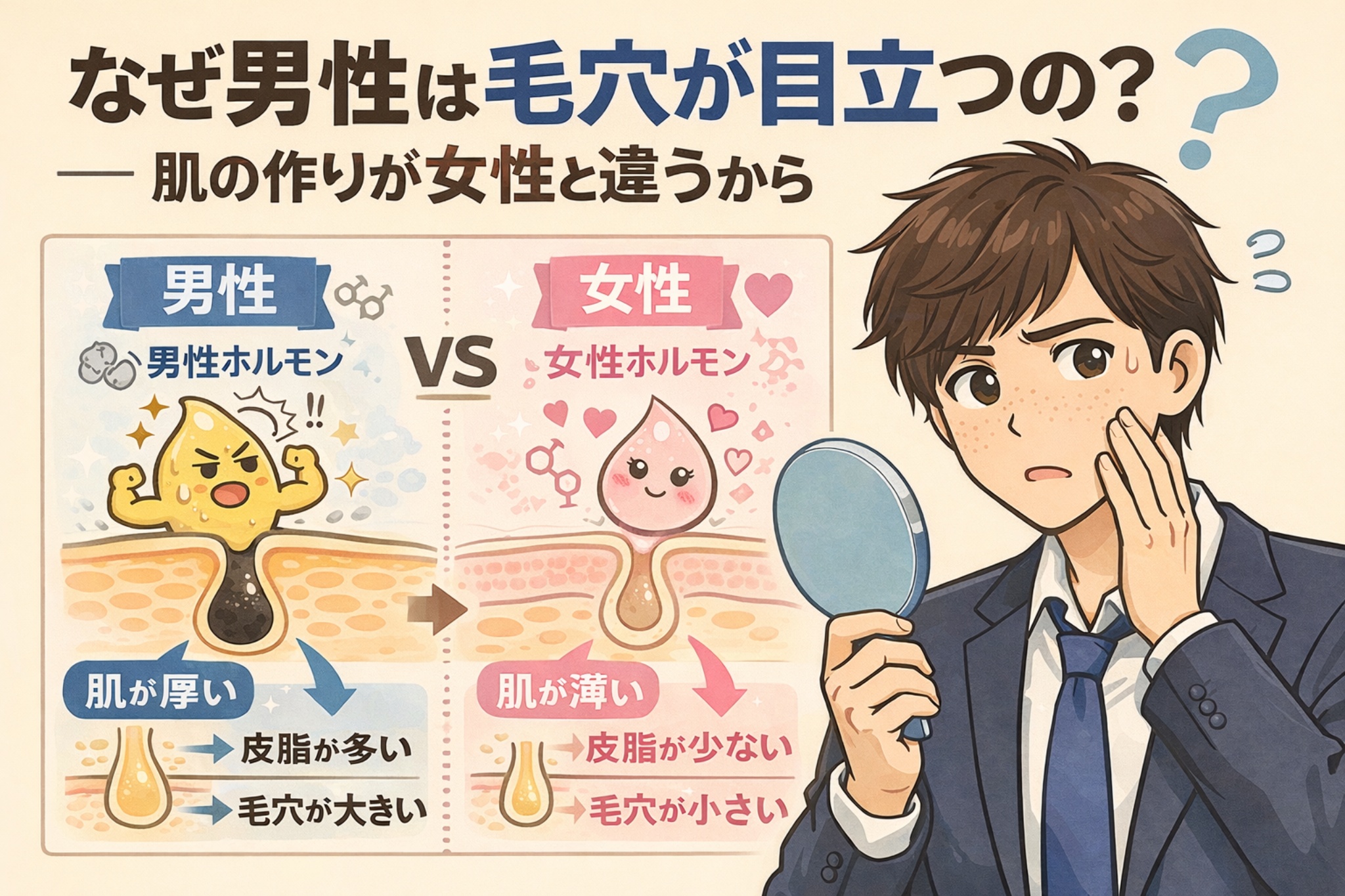 なぜ男性は毛穴が目立ちやすいのかを解説する図解イラスト。男性ホルモンと女性ホルモンの違いによる肌構造の差を、毛穴断面図とイラストで比較し、男性が鏡を見て悩む様子を描いている。