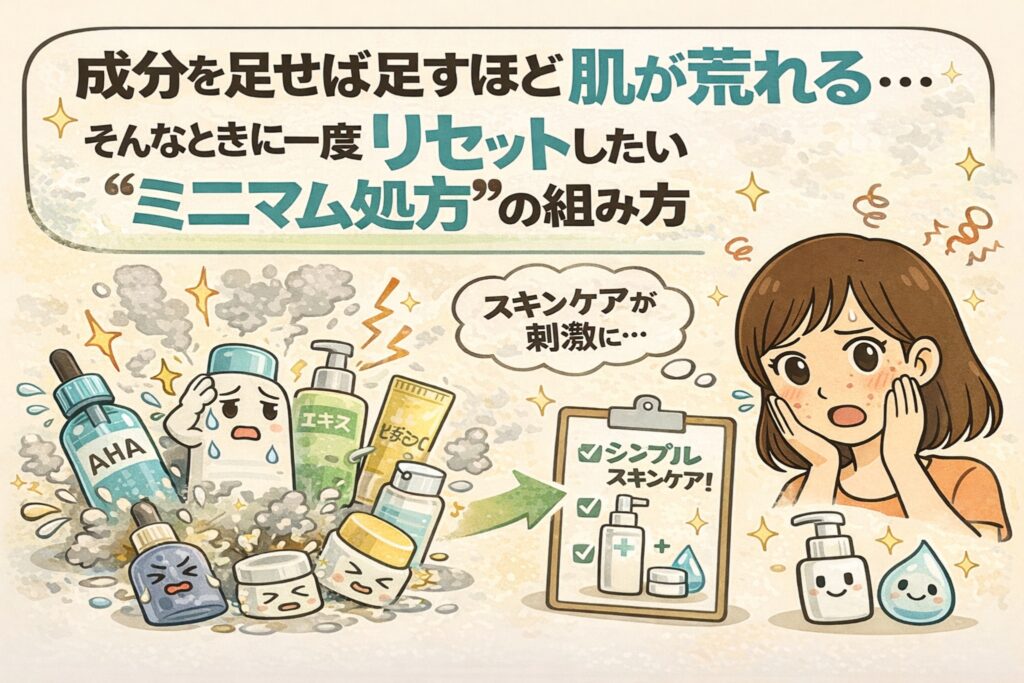 成分を足しすぎて肌荒れしたときに、一度リセットしたい「ミニマム処方」の考え方を解説するイラスト。AHAや美容成分が多すぎて刺激を受けるスキンケアの様子と、シンプルな保湿中心ケアへ切り替える流れを対比で描写。スキンケア刺激に悩む女性と、最小限のアイテムで整える構成を分かりやすく示している。