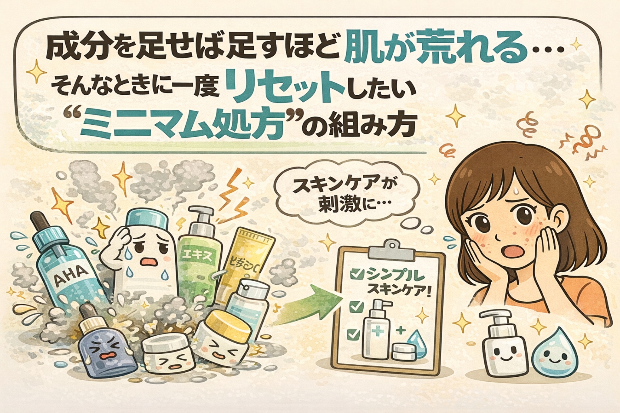 成分を足しすぎて肌荒れしたときに、一度リセットしたい「ミニマム処方」の考え方を解説するイラスト。AHAや美容成分が多すぎて刺激を受けるスキンケアの様子と、シンプルな保湿中心ケアへ切り替える流れを対比で描写。スキンケア刺激に悩む女性と、最小限のアイテムで整える構成を分かりやすく示している。