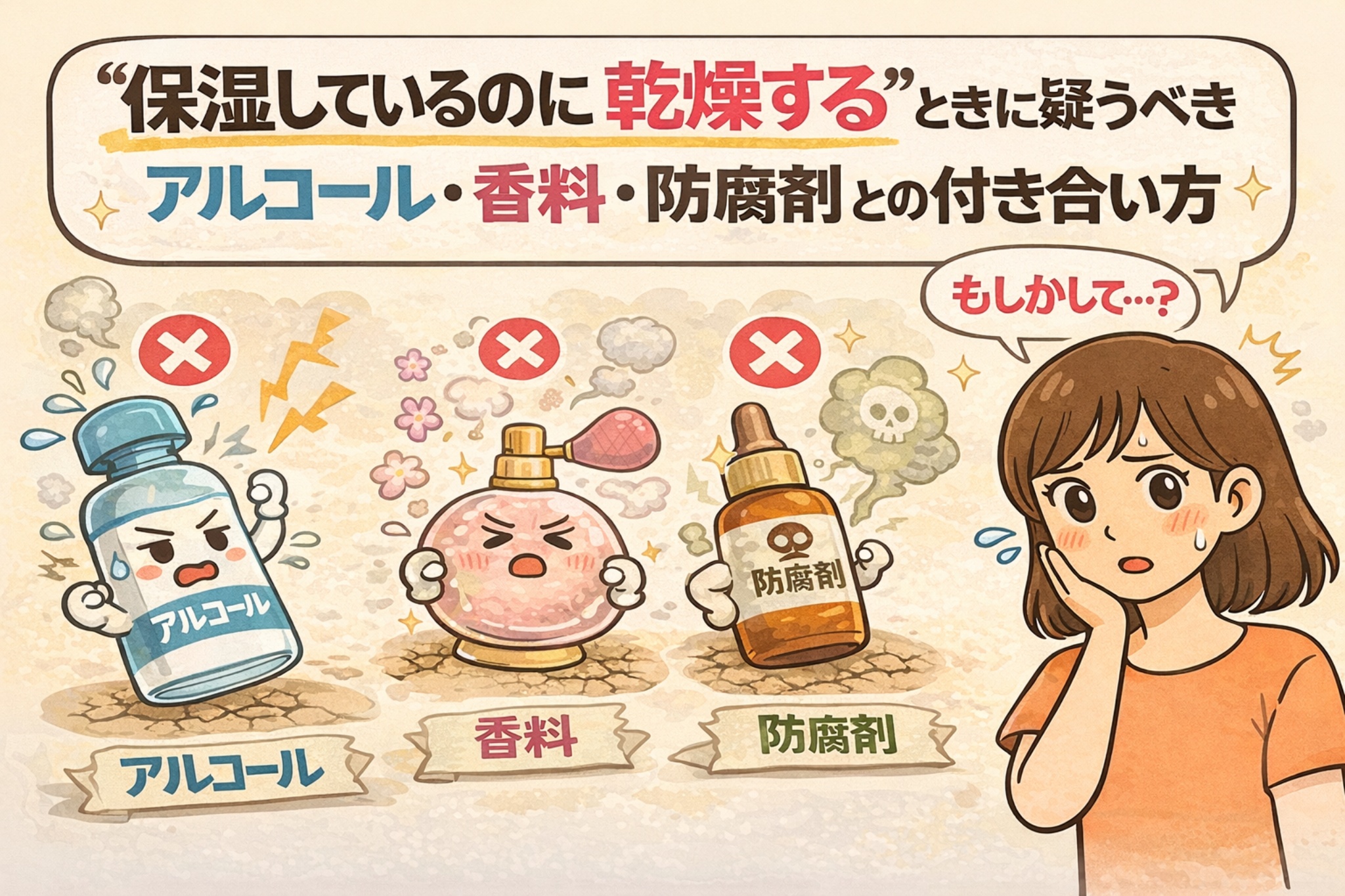 「保湿しているのに乾燥する」と感じるときに疑うべき成分として、アルコール・香料・防腐剤を解説するイラスト。乾燥を招く可能性のある成分が×印付きで示され、刺激を感じて悩む女性が描かれている。成分表示を見直し、刺激要因との付き合い方を考える重要性を分かりやすく伝える構図。