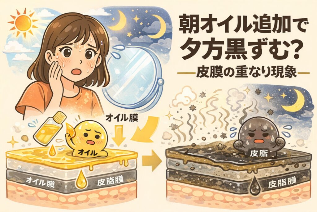 朝にオイルを追加すると夕方に黒ずんで見える理由を、「皮膜の重なり現象」として解説した図解イラスト。朝のスキンケアでオイル膜が重なり、その上に皮脂膜が分泌されることで、夕方には油膜が厚くなり光を吸収・乱反射して黒ずみが強調される様子を、時間帯（朝と夜）と毛穴断面の比較で視覚的に表現している。