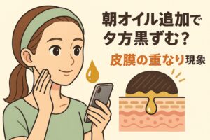 「朝オイル追加で夕方黒ずむ？皮膜の重なり現象」というタイトルの横で、額にオイルを塗る準備をしている女性のイラスト。右下にはオイルと皮脂が層状に重なり、黒ずみが強く見える仕組みを表した毛穴断面図が描かれており、朝のオイル追加が夕方の黒ずみ印象を悪化させる可能性を示す構図。
