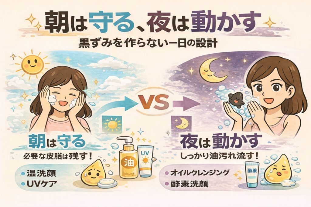 黒ずみを作らない1日のスキンケア設計を「朝は守る、夜は動かす」で解説するイラスト。左側は朝のケアとして、必要な皮脂を残す洗顔やUVケアで肌を守る様子が描かれている。右側は夜のケアとして、オイルクレンジングや酵素洗顔で皮脂汚れを動かして流す場面が示され、朝と夜の役割の違いを対比して表現している。