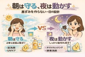 黒ずみを作らない1日のスキンケア設計を「朝は守る、夜は動かす」で解説するイラスト。左側は朝のケアとして、必要な皮脂を残す洗顔やUVケアで肌を守る様子が描かれている。右側は夜のケアとして、オイルクレンジングや酵素洗顔で皮脂汚れを動かして流す場面が示され、朝と夜の役割の違いを対比して表現している。