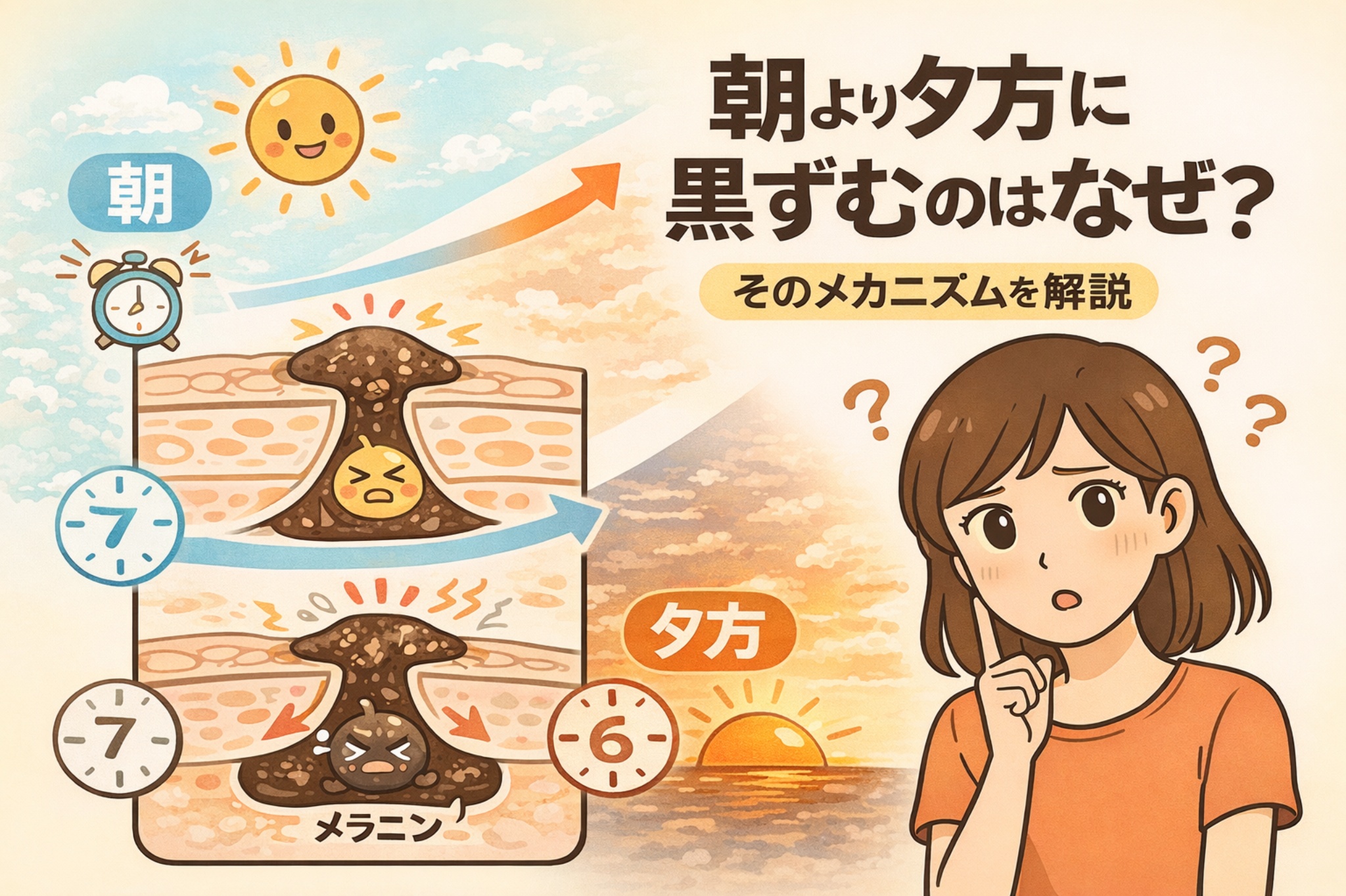 朝より夕方に黒ずみが目立つ理由を解説するイラスト。時間の経過とともに毛穴内の皮脂やメラニンが酸化・濃縮され、断面図で朝と夕方の状態差が描かれている。疑問に思う女性の表情と、太陽や時計を使った時間軸の演出でメカニズムを説明している。