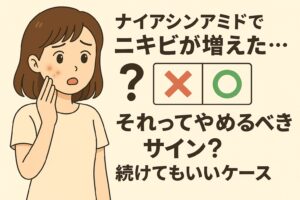 「ナイアシンアミドでニキビが増えた…それってやめるべきサイン？続けてもいいケース」というタイトルの横で、頬に赤いニキビが出て不安そうに手を当てる女性のイラスト。右側には“×”と“○”の判定アイコンが並び、使用継続の可否に迷う状況を表現している。