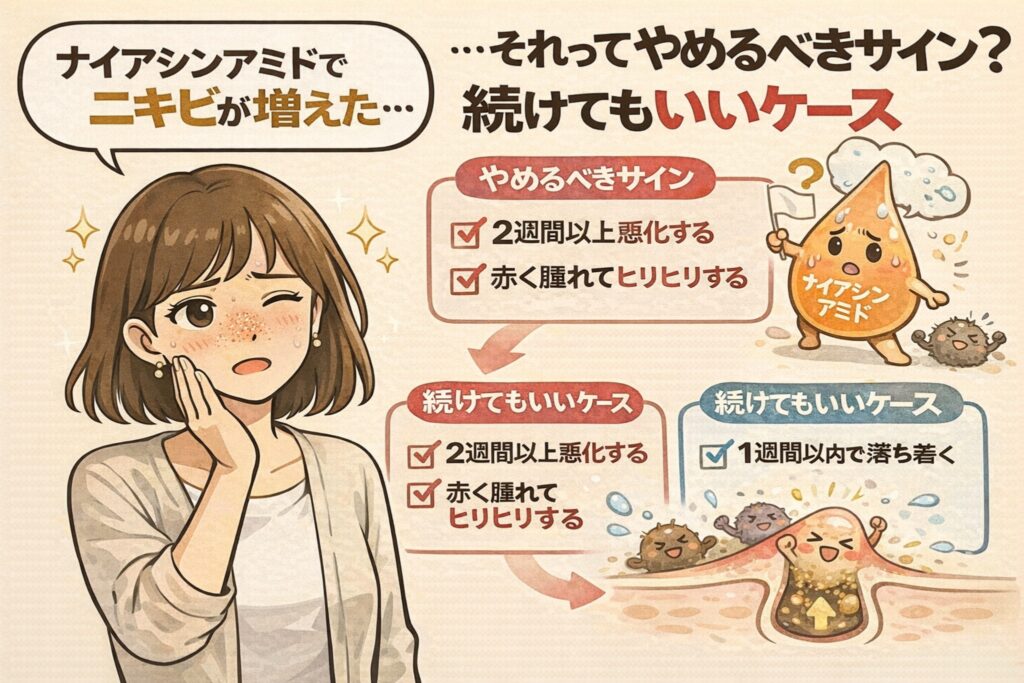ナイアシンアミド使用後にニキビが増えたと感じたとき、やめるべきサインと続けてもよいケースを整理したイラスト。赤く腫れてヒリヒリが続く場合は中止、1週間以内に落ち着く場合は様子見して継続可能という判断基準を、キャラクターとチェックリストで分かりやすく示している。