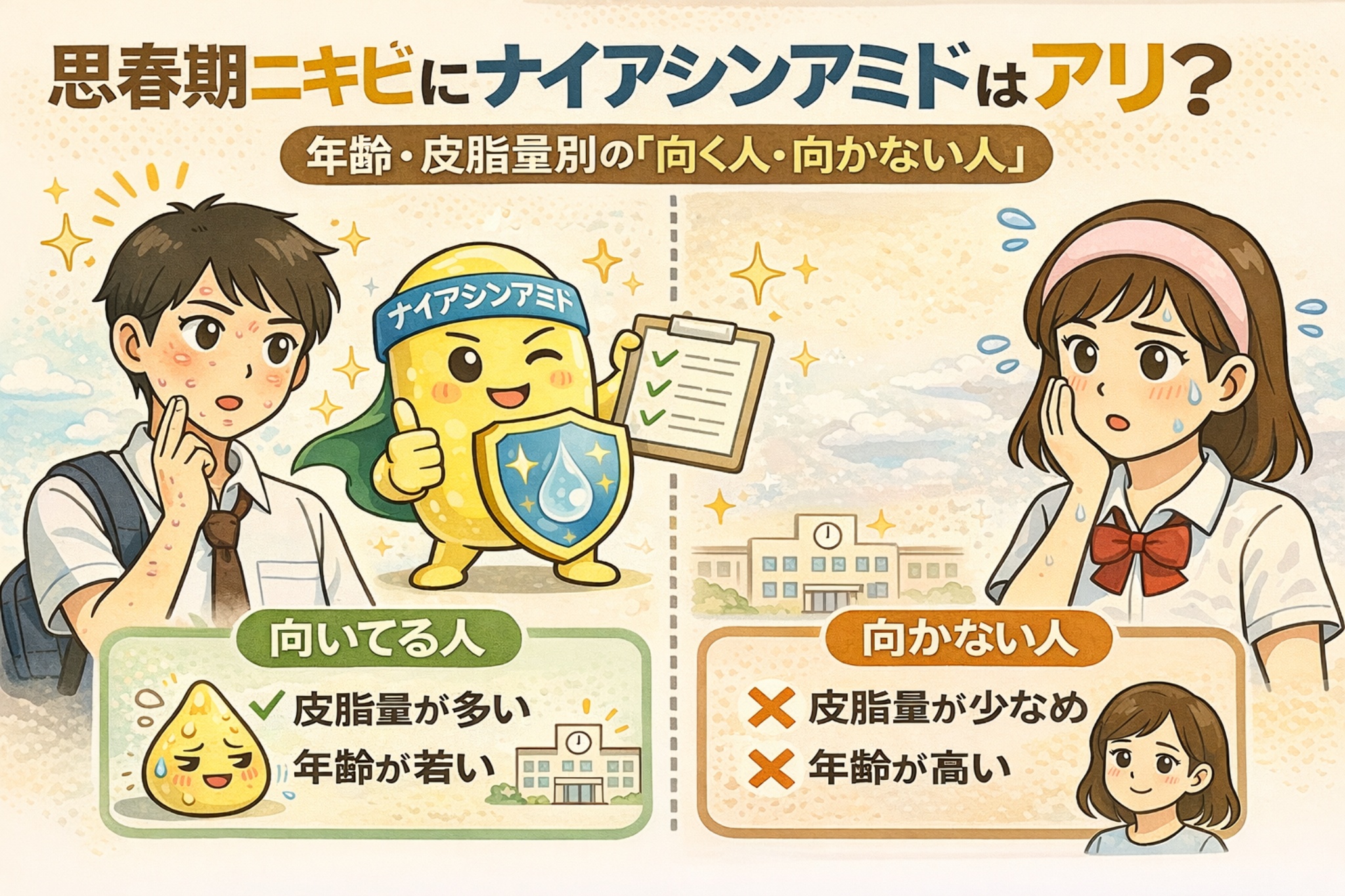 思春期ニキビにナイアシンアミドが向いている人・向かない人を年齢と皮脂量別に示したイラスト。皮脂量が多く年齢が若い人は適しており、皮脂量が少なめ・年齢が高い人は向かない可能性があることを、学生キャラクターと擬人化されたナイアシンアミドで対比している。