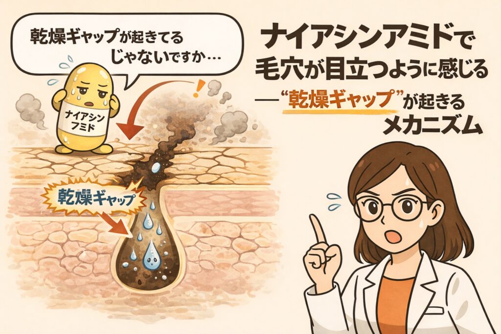 ナイアシンアミド使用時に毛穴が目立つように感じる原因を「乾燥ギャップ」のメカニズムで解説した日本風2Dフラットイラスト。表面は整って見えても内部の水分不足が生じ、毛穴内部にギャップができる構造を断面図で示し、白衣の女性研究者が注意点を説明している。