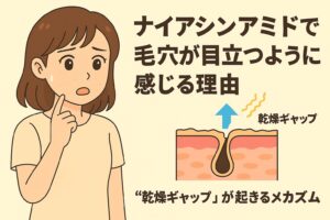 「ナイアシンアミドで毛穴が目立つように感じる理由」というタイトルの横で、頬の毛穴の目立ちを気にして指を当てる女性のイラスト。右下には“乾燥ギャップ”が発生し、肌表面と毛穴周りのうるおい差が影となって毛穴が強調されるメカニズムを描いた断面図が示されている。