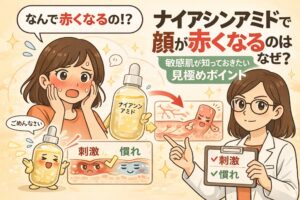 ナイアシンアミド使用後に顔が赤くなる理由を解説する図解イラスト。赤くなった頬に戸惑う女性と、ナイアシンアミド美容液の擬人化キャラクター、皮膚断面図を用いて「刺激反応」と「慣れ」の違いを説明している。右側では白衣の解説役の女性がチェックリストを示し、敏感肌が判断すべき見極めポイントを分かりやすく伝える教育的ビジュアル。
