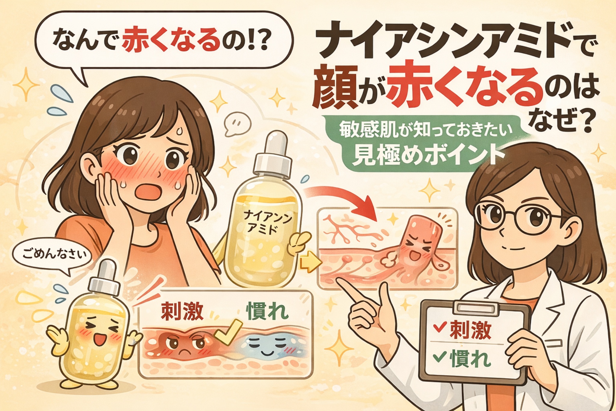 ナイアシンアミド使用後に顔が赤くなる理由を解説する図解イラスト。赤くなった頬に戸惑う女性と、ナイアシンアミド美容液の擬人化キャラクター、皮膚断面図を用いて「刺激反応」と「慣れ」の違いを説明している。右側では白衣の解説役の女性がチェックリストを示し、敏感肌が判断すべき見極めポイントを分かりやすく伝える教育的ビジュアル。