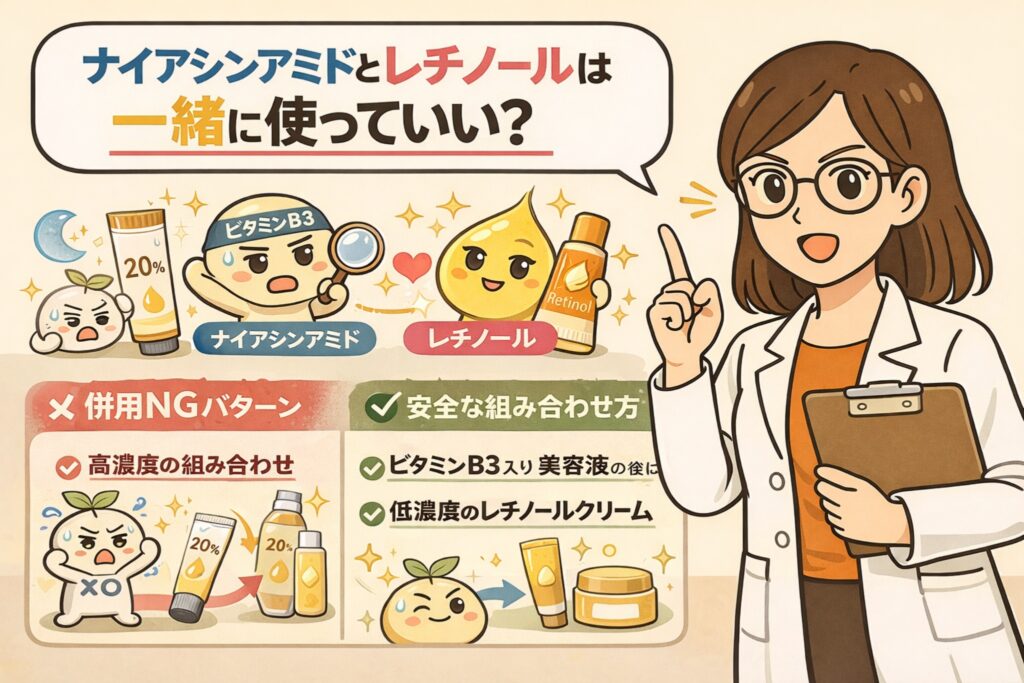 ナイアシンアミドとレチノールを一緒に使ってよいかを解説した日本風2Dフラットイラスト。併用NGとなる高濃度同時使用の例と、ビタミンB3美容液の後に低濃度レチノールを使う安全な組み合わせ方を対比し、白衣の女性研究者がポイントを説明している。