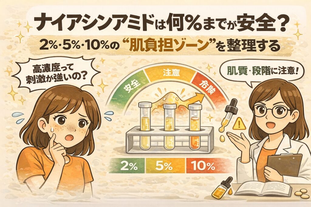 ナイアシンアミドの配合濃度2％・5％・10％それぞれの安全性と刺激リスクを比較した図解イラスト。試験管で濃度差を示し、「安全・注意・危険」のゾーン分けによって肌負担の目安を可視化している。高濃度ほど刺激が強いわけではなく、肌質や使用段階によって適切な濃度が異なることを、疑問を持つ女性と白衣の専門家が解説する構図。