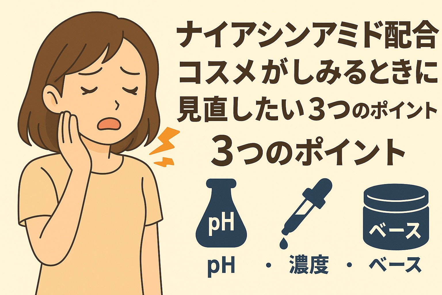 「ナイアシンアミド配合コスメがしみるときに見直したい3つのポイント」というタイトルの横で、頬にしみる痛みを感じて顔をしかめる女性のイラスト。下部には“pH”“濃度”“ベース”を示す3つのアイコンが並び、刺激の原因になりやすい要素を視覚的に説明している。