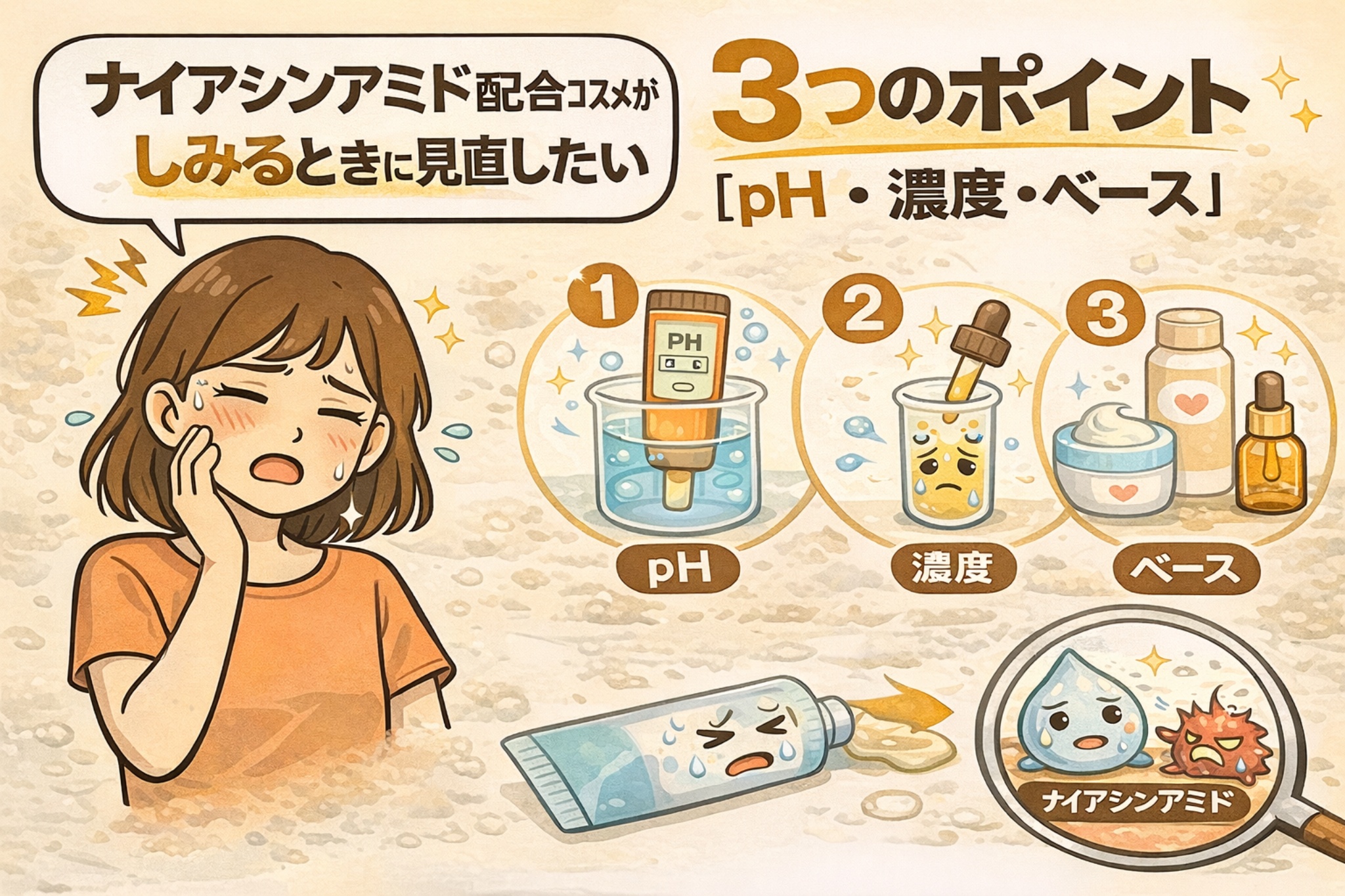 ナイアシンアミド配合コスメがしみるときに見直したいポイントを解説した図解イラスト。頬に刺激を感じて悩む女性とともに、「pH」「濃度」「ベース処方」の3点をチェック項目として示し、pH測定・配合濃度・処方ベースの違いが刺激感に影響する仕組みを擬人化キャラクターで分かりやすく表現している。