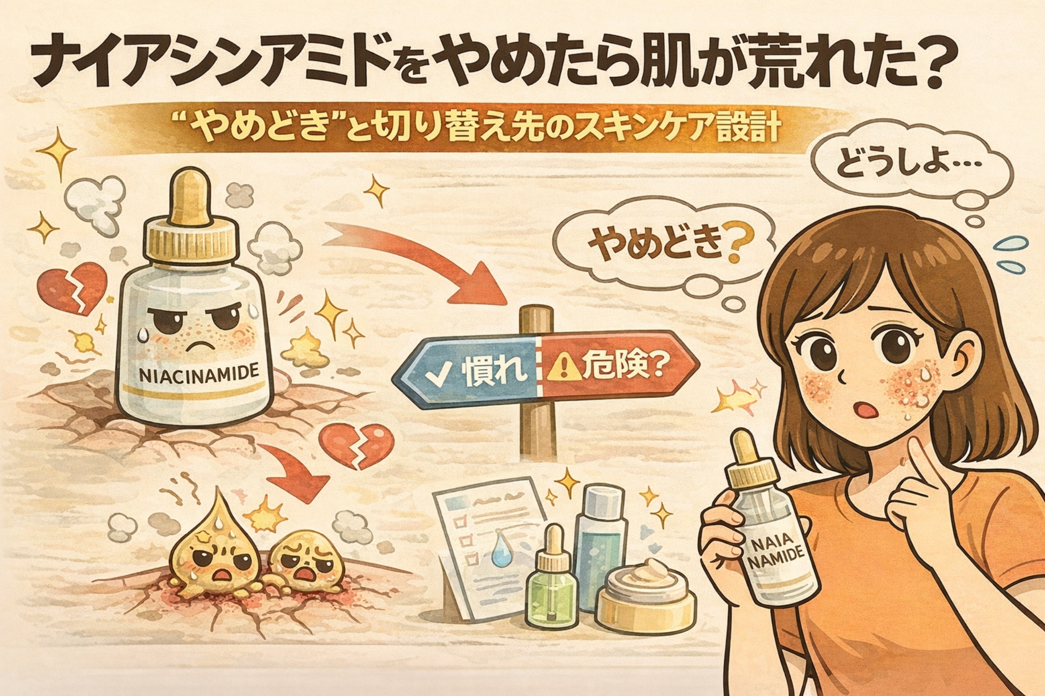 ナイアシンアミドをやめたあとに肌が荒れた理由と、切り替え時のスキンケア設計を解説する図解イラスト。ナイアシンアミド美容液の擬人化キャラクターと「慣れ／危険？」の分岐サイン、肌荒れに戸惑う女性が描かれ、やめどきの判断と代替ケアの考え方を分かりやすく示している教育的ビジュアル。