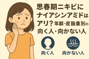 「思春期ニキビにナイアシンアミドはアリ？年齢・皮脂量別の向く人・向かない人」というタイトルの横で、頬のニキビを気にして不安そうに手を当てる女の子のイラスト。下には“向く人”と“向かない人”を象徴するアイコンが並び、肌質や皮脂量によって適性が異なることを示している。