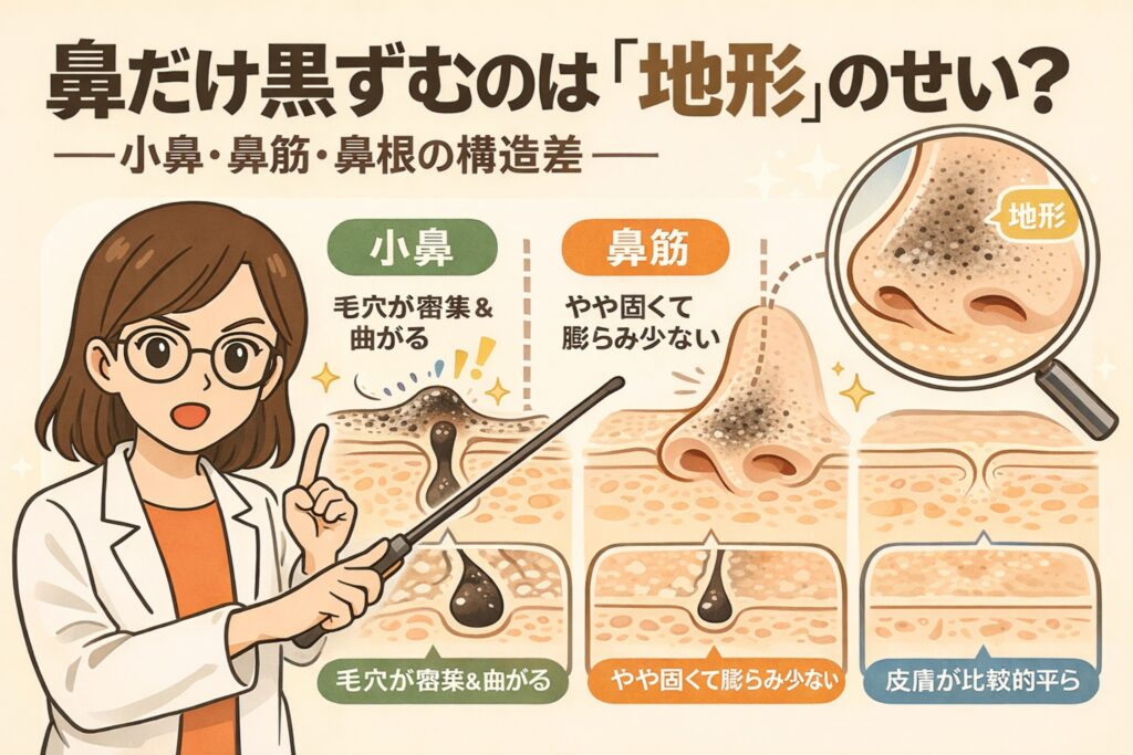 鼻だけ黒ずみやすい理由を「地形」の違いから解説する図解イラスト。小鼻・鼻筋・鼻根の構造差（毛穴密集や曲がり、皮膚の硬さや膨らみ）を毛穴断面で比較し、白衣と眼鏡の女性がポインターで説明している。