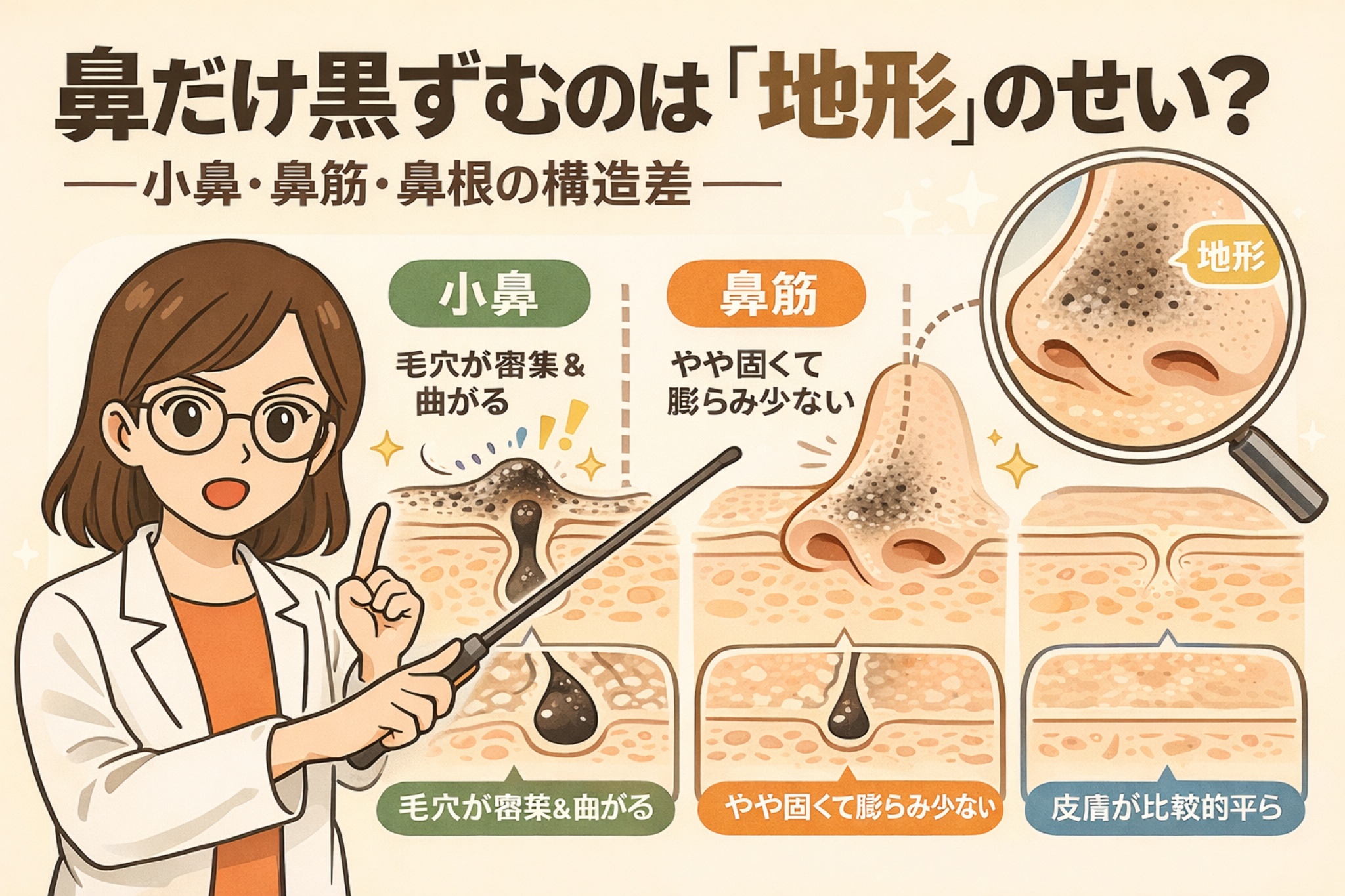 鼻だけ黒ずみやすい理由を「地形」の違いから解説する図解イラスト。小鼻・鼻筋・鼻根の構造差（毛穴密集や曲がり、皮膚の硬さや膨らみ）を毛穴断面で比較し、白衣と眼鏡の女性がポインターで説明している。
