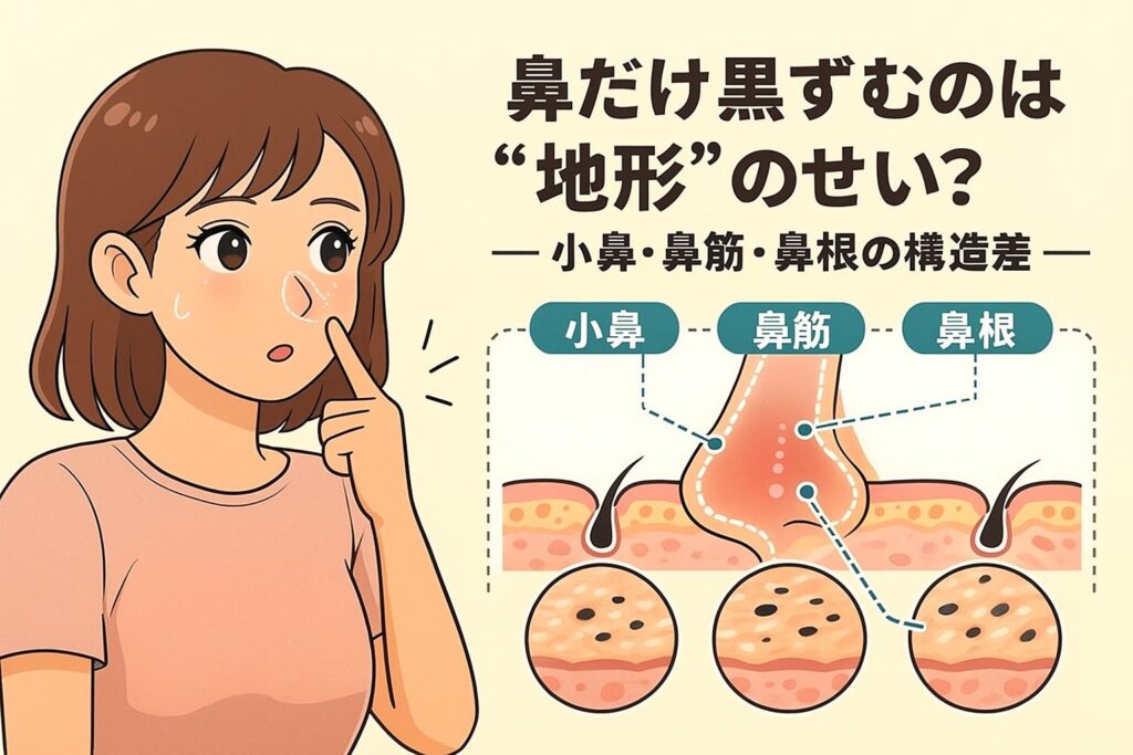 「鼻だけ黒ずむのは“地形”のせい？──小鼻・鼻筋・鼻根の構造差」を説明するイラスト。 左側では鼻の黒ずみを気にする女性が描かれている。 右側には鼻の各部位（小鼻・鼻筋・鼻根）の構造を示す図があり、それぞれの部位で毛穴の向きや深さ、皮脂のたまりやすさが異なることが視覚的に示されている。 鼻の“地形的特徴”が黒ずみの出方に影響することを解説する構図。
