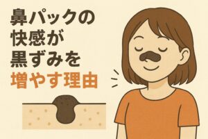 「鼻パックの快感が黒ずみを増やす理由」というタイトルの横で、鼻に黒い鼻パックを貼って満足そうに目を閉じる女性のイラスト。下には毛穴断面図が描かれ、鼻パックによって角栓が刺激され黒ずみが悪化する可能性を示すデザイン。