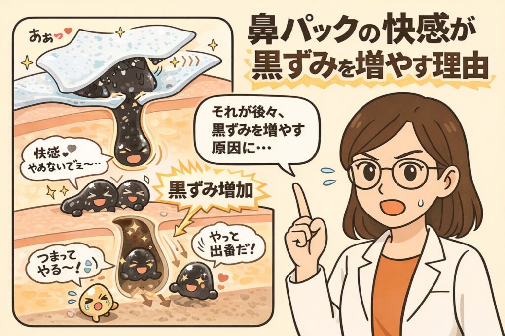 鼻パックの使用時に感じる快感が、結果的に黒ずみを増やしてしまう仕組みを解説した図解イラスト。毛穴から角栓が引き抜かれる様子と、達成感を感じる擬人化キャラクターが描かれ、その後に毛穴が空洞化して再び角栓が詰まりやすくなる流れを示している。右側では白衣の解説役の女性が、鼻パック後に黒ずみが増える理由を構造的に説明している教育的ビジュアル。