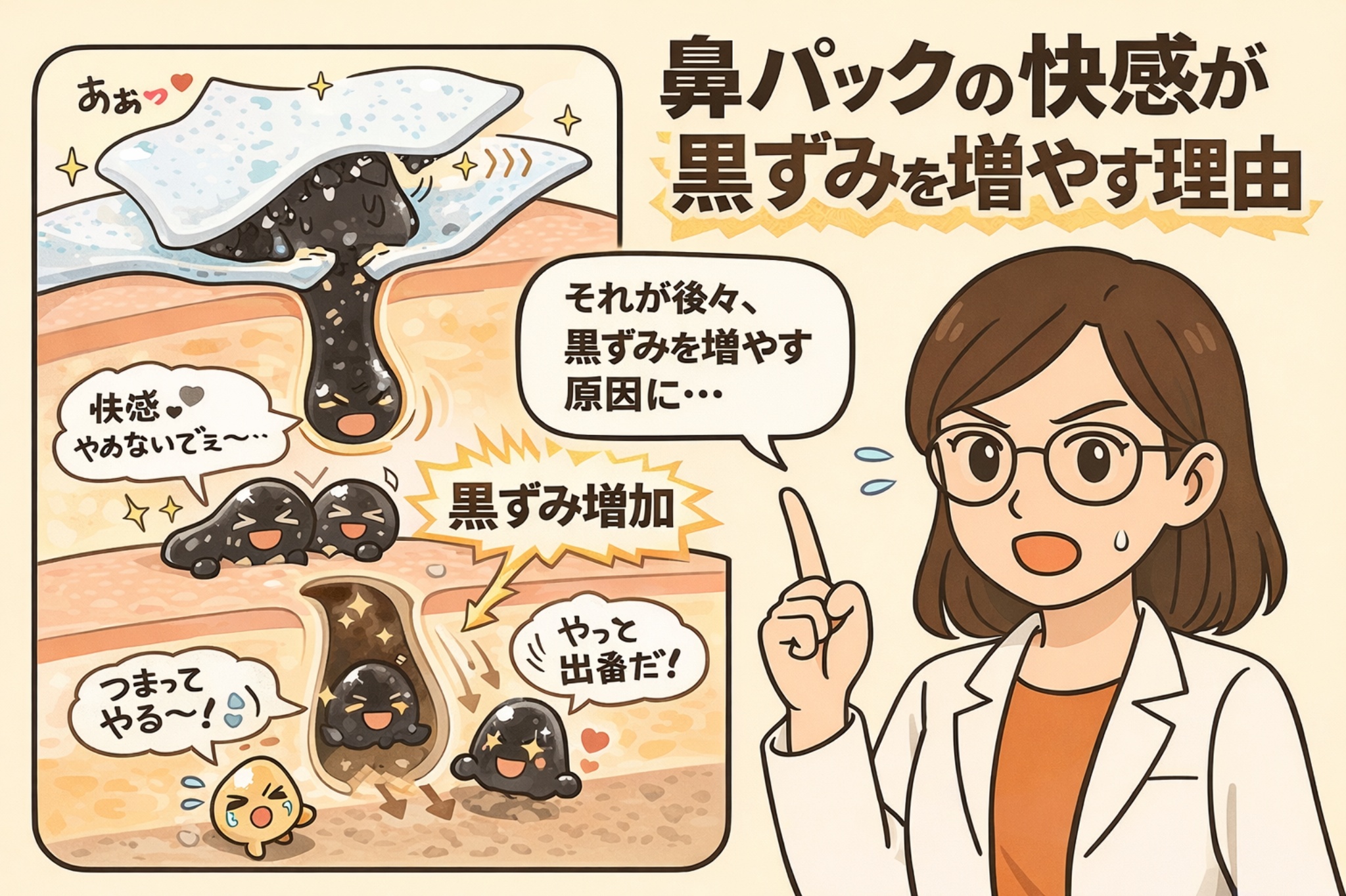 鼻パックの使用時に感じる快感が、結果的に黒ずみを増やしてしまう仕組みを解説した図解イラスト。毛穴から角栓が引き抜かれる様子と、達成感を感じる擬人化キャラクターが描かれ、その後に毛穴が空洞化して再び角栓が詰まりやすくなる流れを示している。右側では白衣の解説役の女性が、鼻パック後に黒ずみが増える理由を構造的に説明している教育的ビジュアル。