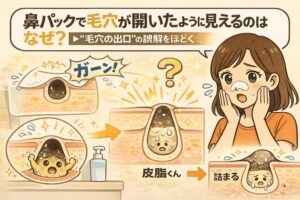 鼻パック後に毛穴が開いたように見える理由を解説したイラスト。毛穴の「出口」が広がったわけではなく、角栓が除去されて内部が露出したことで目立って見える仕組みを、毛穴断面図と驚く女性の表情で説明している。