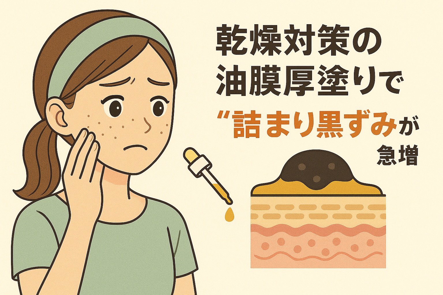 「乾燥対策の油膜厚塗りで“詰まり黒ずみ”が急増」というタイトルの横で、頬の黒い点々を気にして不安そうな表情の女性のイラスト。右下には、肌表面に厚く重なった油膜が毛穴をふさぎ、黒ずみが悪化する仕組みを示す断面図が描かれている。