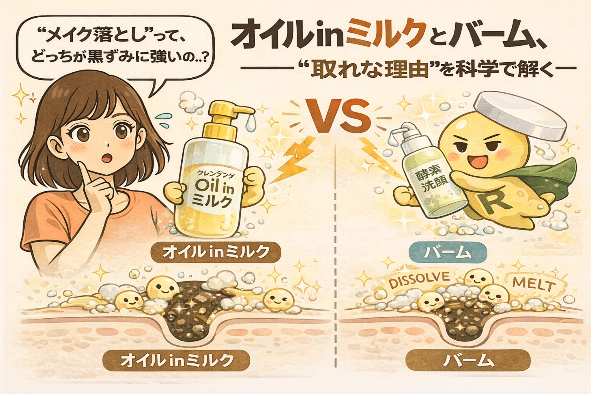 オイルinミルクとクレンジングバームの違いを、黒ずみが「取れにくい理由」の科学的視点で比較したイラスト。左はオイルinミルクで、乳化により表面の汚れは浮くが、毛穴奥の角栓には十分に作用しにくい様子が描かれている。右はバームで、油分が溶けて角栓表面に広がるものの、固化した黒ずみ全体を除去できない様子が示されている。両者とも黒ずみケアには限界があることを視覚的に説明する構図。