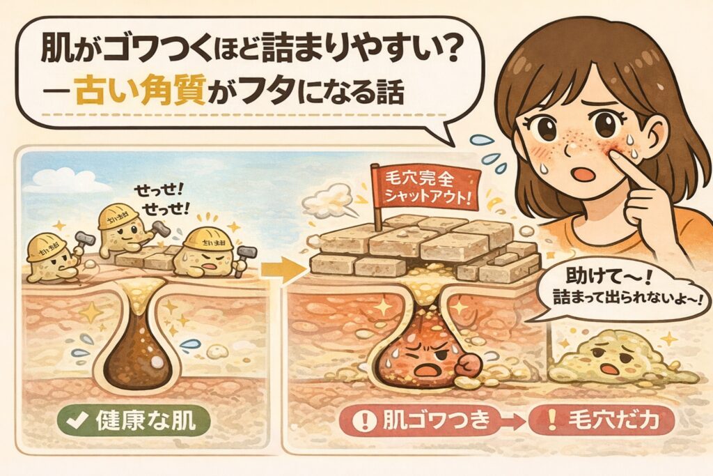 肌がゴワつく原因として、古い角質が毛穴のフタになり皮脂が詰まって出られなくなる構造を説明したイラスト。健康な肌と、角質が重なって毛穴が塞がれた状態を比較し、毛穴詰まりのメカニズムを視覚的に解説している。