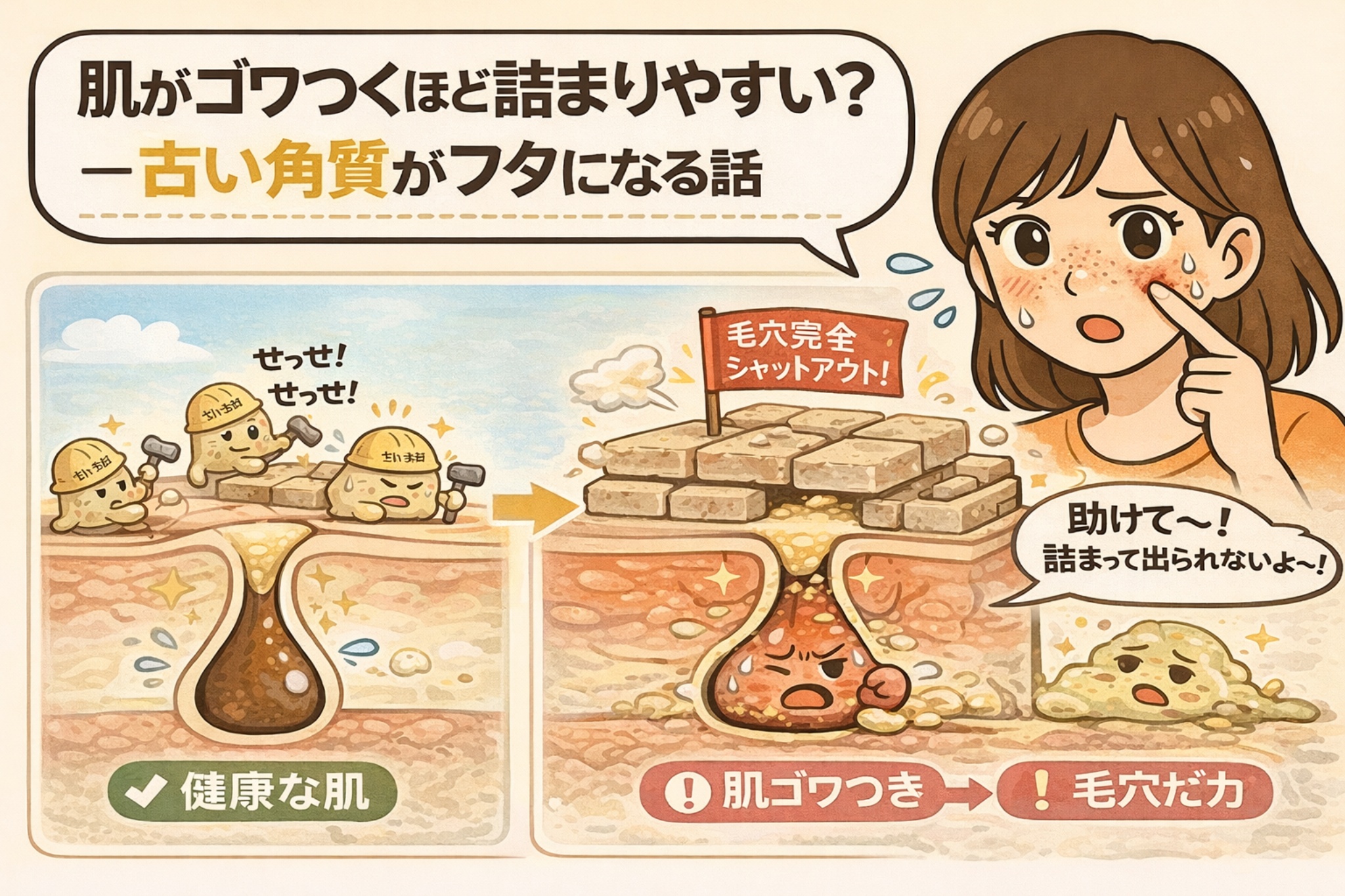 肌がゴワつく原因として、古い角質が毛穴のフタになり皮脂が詰まって出られなくなる構造を説明したイラスト。健康な肌と、角質が重なって毛穴が塞がれた状態を比較し、毛穴詰まりのメカニズムを視覚的に解説している。