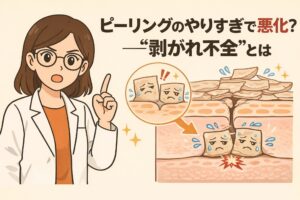 ピーリングのやりすぎによって肌状態が悪化する理由を、「剥がれ不全」という観点から解説した図解イラスト。白衣と眼鏡の女性が注意喚起を行い、角質が不均一に残って割れた状態の皮膚断面図が描かれている。過度な角質除去によりバリア機能が乱れ、刺激や炎症が起きやすくなる構造を分かりやすく示した教育的ビジュアル。