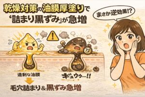 乾燥対策として油膜を厚塗りすると、逆に毛穴詰まりや黒ずみが急増する仕組みを解説したイラスト。過剰な油膜が毛穴出口をふさぎ、皮脂が滞留して72時間後に黒ずみや詰まりへ進行する様子を、毛穴断面図と擬人化キャラクターで表現。驚く女性の表情とともに、過保湿のリスクを視覚的に示している。