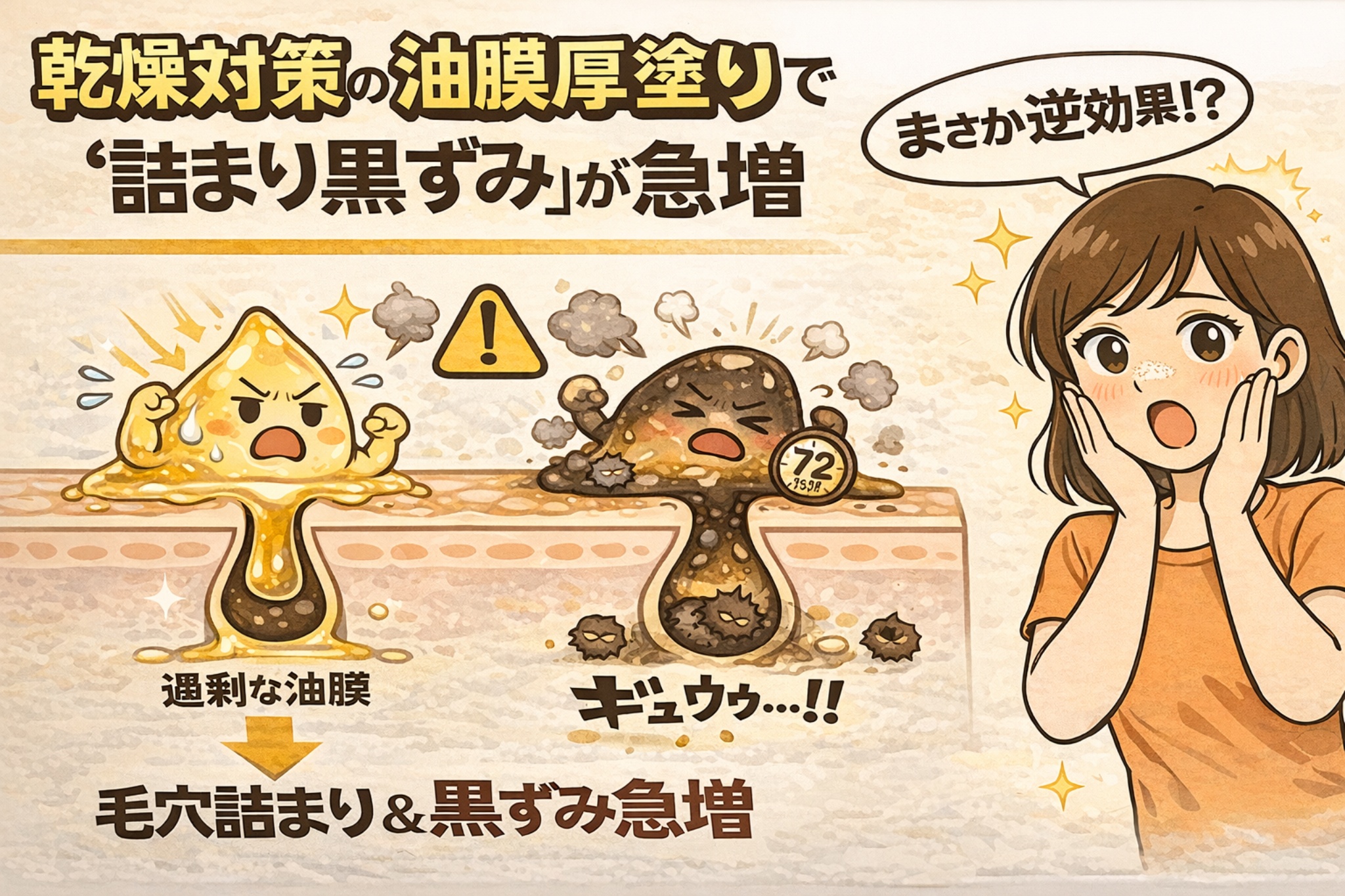 乾燥対策として油膜を厚塗りすると、逆に毛穴詰まりや黒ずみが急増する仕組みを解説したイラスト。過剰な油膜が毛穴出口をふさぎ、皮脂が滞留して72時間後に黒ずみや詰まりへ進行する様子を、毛穴断面図と擬人化キャラクターで表現。驚く女性の表情とともに、過保湿のリスクを視覚的に示している。