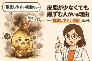 皮脂量が少なくても黒ずみが起きる理由を「酸化しやすい皮脂」という観点で解説した日本風2Dフラットイラスト。酸素に触れて酸化する皮脂の様子を擬人化キャラクターで表し、白衣の女性研究者が黒ずみ発生の仕組みを指差しで説明している。