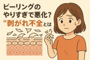 「ピーリングのやりすぎで悪化？“剝がれ不全とは”」というタイトルの横で、不安そうな表情の女性が皮むけした角質片を指でつまんでいるイラスト。下部には肌の角層構造と不完全に剥がれた角質が描かれ、過度なピーリングで起きる“剝がれ不全”を視覚的に説明するデザイン。