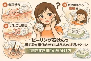 ピーリング石けんで黒ずみを悪化させてしまう人の共通パターンを解説するイラスト。毎日使用する、ゴシゴシこする、気になるから連続使用するといった誤った使い方が×印で示され、赤みや刺激が出た“剥きすぎ肌”の状態と、鏡を見て悩む女性、泡立ったピーリング石けんが描かれている。使いすぎによる黒ずみ悪化の仕組みを分かりやすく伝える構図。