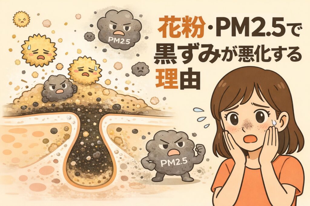 花粉やPM2.5によって黒ずみが悪化する理由を解説した図解イラスト。毛穴断面図に、花粉やPM2.5の擬人化キャラクターが付着・侵入する様子が描かれ、皮脂や角栓と混ざることで黒ずみが濃く見える仕組みを表現している。右側では女性が鼻の黒ずみを気にしており、外的環境要因による毛穴トラブルを分かりやすく示した教育的ビジュアル。