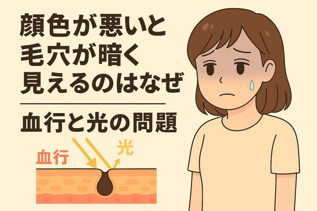 「顔色が悪いと毛穴が暗く見えるのはなぜ──血行と光の問題」を説明するイラスト。左側の皮膚断面図では、血行不良で肌の明るさが低下し、毛穴周辺が影になって暗く見える仕組みを光の矢印で示している。右側には顔色が悪く、毛穴のくすみを気にする女性が描かれており、血行と光の反射が毛穴の見え方に影響することを説明した構図。