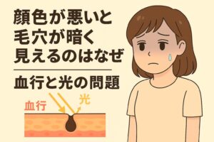 「顔色が悪いと毛穴が暗く見えるのはなぜ──血行と光の問題」を説明するイラスト。左側の皮膚断面図では、血行不良で肌の明るさが低下し、毛穴周辺が影になって暗く見える仕組みを光の矢印で示している。右側には顔色が悪く、毛穴のくすみを気にする女性が描かれており、血行と光の反射が毛穴の見え方に影響することを説明した構図。