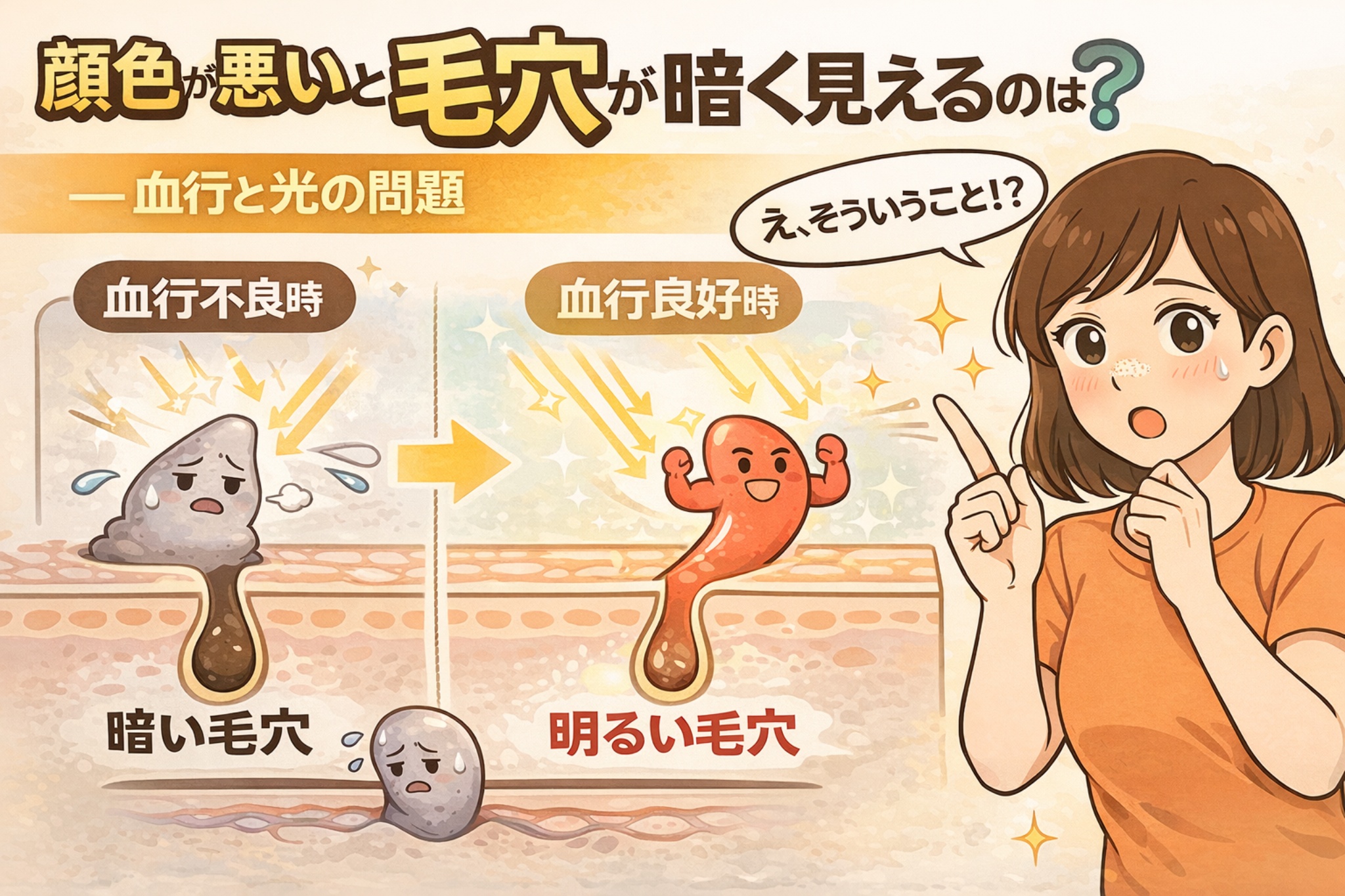 顔色が悪いと毛穴が暗く見える理由を、血行と光の当たり方の違いで解説したイラスト。左側は血行不良により毛穴周辺が暗く沈んで見える状態、右側は血行が良く光を反射して明るく見える毛穴構造を比較している。右端では女性が納得した表情でポイントを理解している。