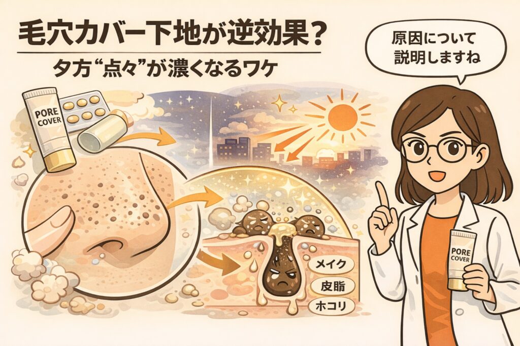 毛穴カバー下地を使うと夕方に毛穴の点々が濃く見える理由を解説する図解イラスト。鼻の毛穴にメイク・皮脂・ホコリが混ざって詰まり、光の当たり方で黒ずみが強調される仕組みを、白衣を着た女性が説明している。