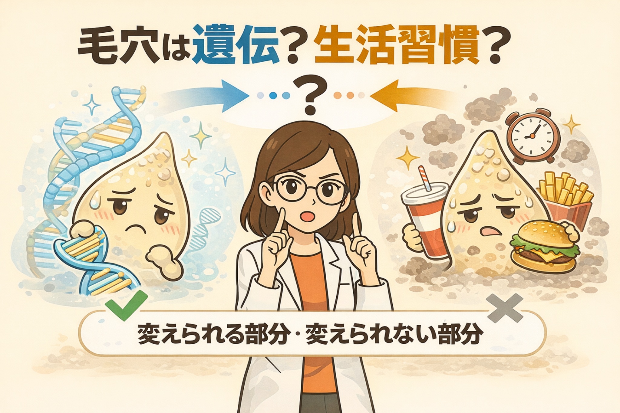 毛穴は遺伝か生活習慣かを比較して解説するイラスト。中央で白衣の女性が説明し、左にDNAと毛穴のイメージ、右に食生活や生活リズムを象徴するイラストを配置し、変えられる部分・変えられない部分を示している。